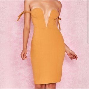 House of CB London Lavinia Bodycon Dress Mustard Yellow Off Shoulder Tie Straps